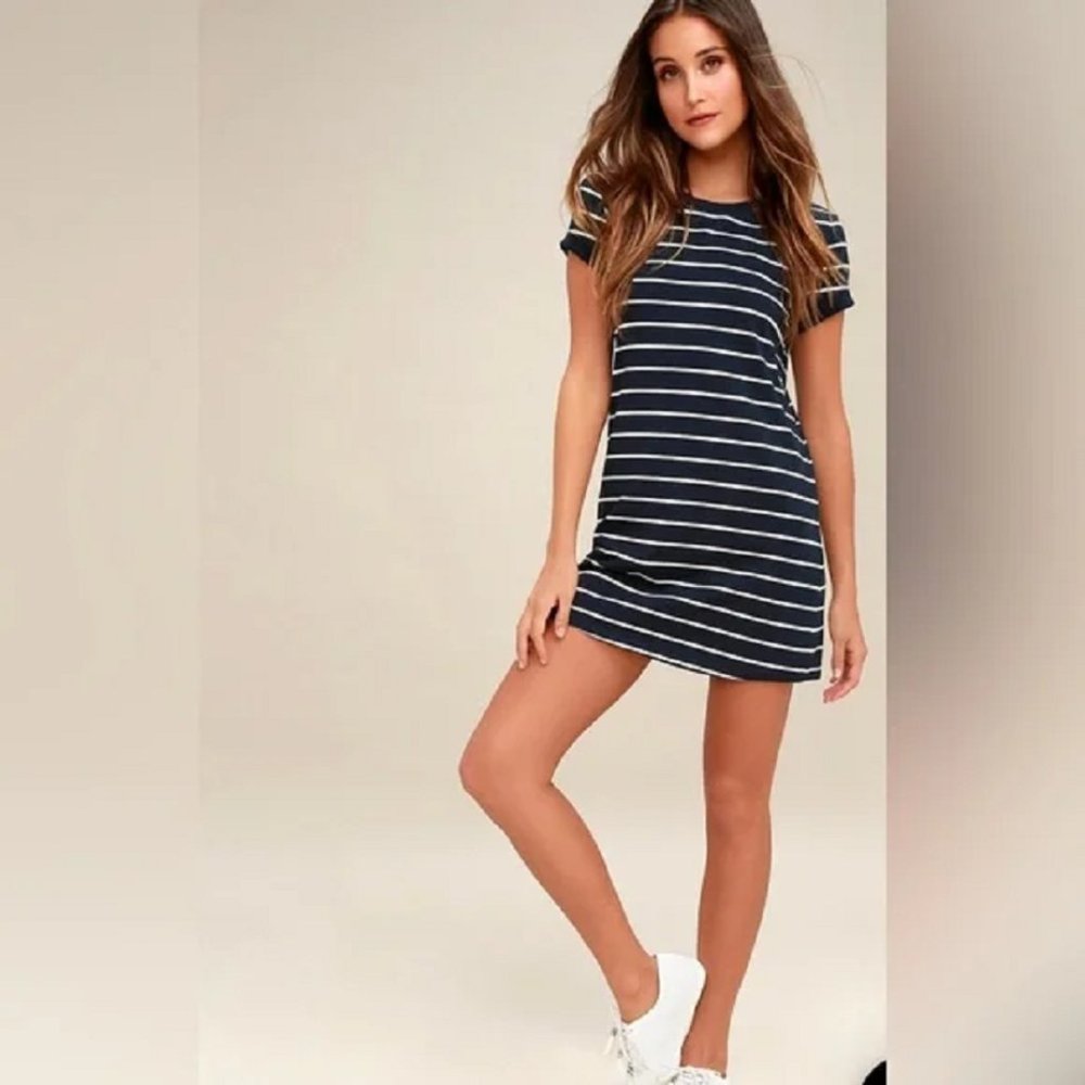 LULUS Women's Small Black White Striped Mini Shirtdress - Picture 1 of 14